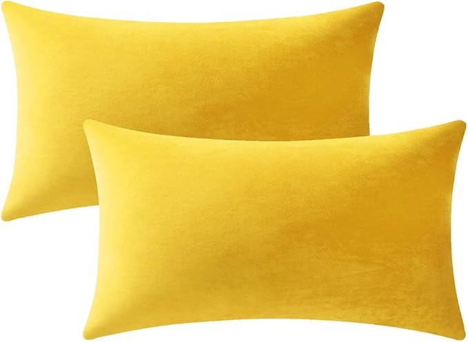 Couch Pillow Covers 12x20 Yellow: 2 Pack Cozy Soft Velvet Rectangular Throw by DEZENE