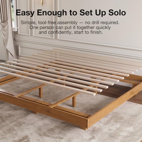 novilla floating solid wood king size bed frame, front angle view