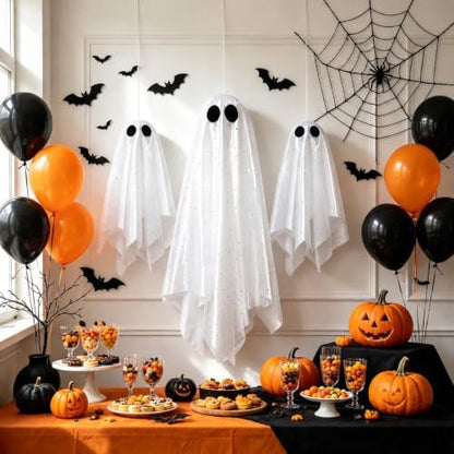 3 Pack Pre-Assembled Hanging Ghosts Halloween Decorations with Warm Glow,Ghost Decor with Remote Timer & Upgraded Double-Layer Sheet, Swinging Ghost for Indoor Outdoor Tree Porch Yard Garden Party