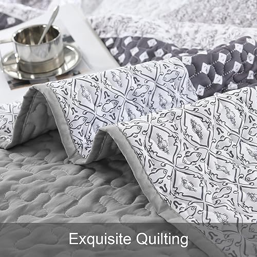 wongs bedding grey queen size quilt set, boho on a desk or shelf
