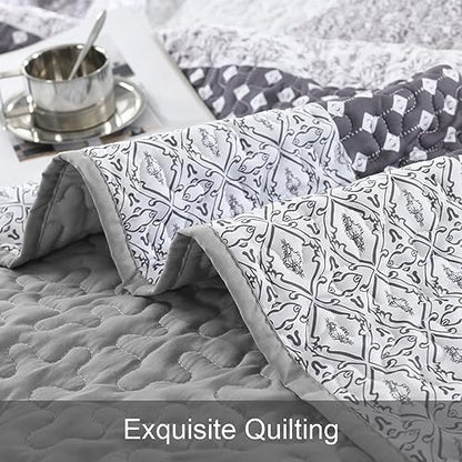 wongs bedding grey queen size quilt set, boho on a desk or shelf