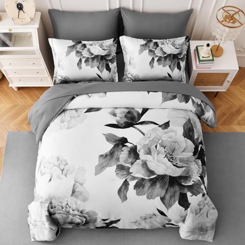Dobuyly Grey Queen Comforter Set 7 Piece Bed in a Bag, Gray Floral Printed on...