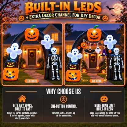 8FT Halloween Inflatable Archway with Pumpkin & Ghost, Built-in LED