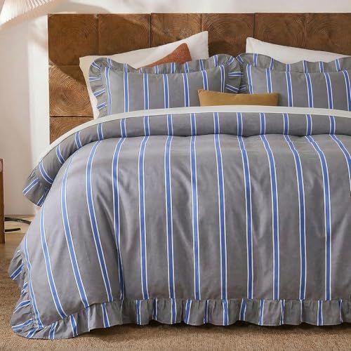 merryword blue and gray striped duvet cover set shown in use