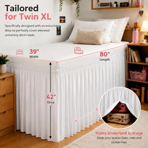 white twin xl college dorm bed skirt 42" shown in use