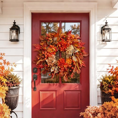 Autumn Harvest Wreath for Front Door 26 Inch, Fall Decor with Orange Dahlias Maple Leaves Berries Hydrangeas, Thanksgiving Halloween Wreaths for Front Door Grapevine Twig