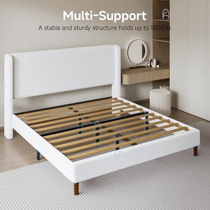 king bed frame, boucle upholstered platform bed with showing dimensions