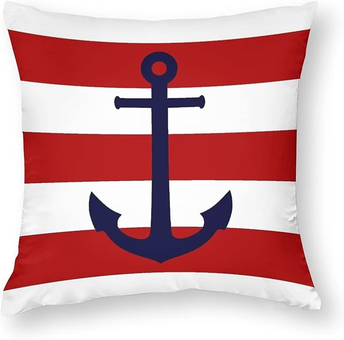 Myshe Square Nautical Navy Blue Anchor On Red Stripes Throw Pillow Cover by Myshe