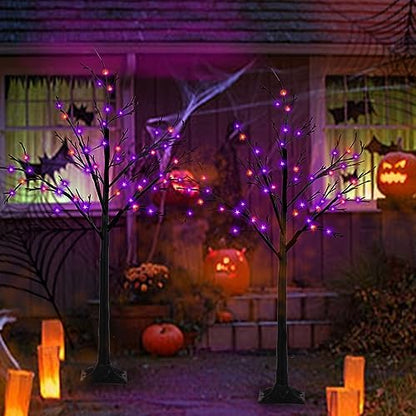 2 Pack 4FT Lighted Black Halloween Tree with 96 LED Orange & Purple Lights