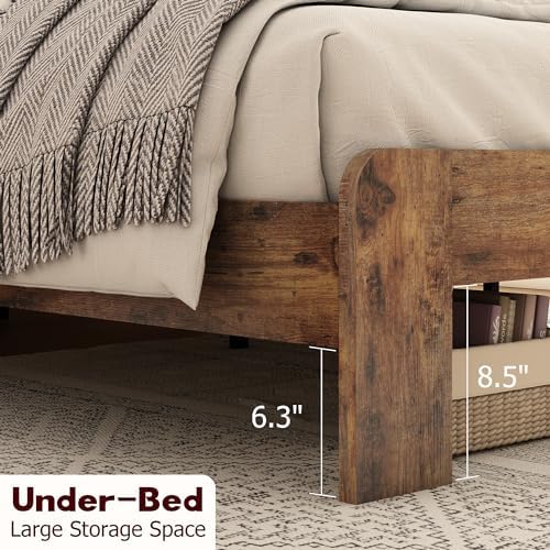 wooden queen bed frame with storage headboard, farmhouse on a desk or shelf