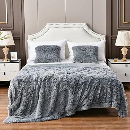 yusoki grey queen faux fur blanket,2 layers,queen90" x shown in use