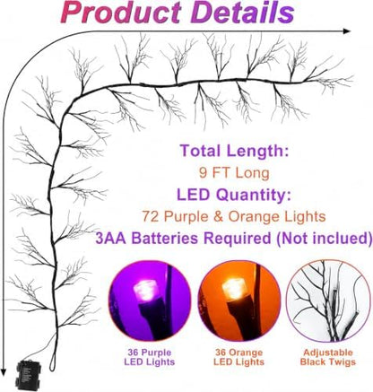 9 FT 72 LED Willow Vine Twig Decor Black Halloween Garland with Orange Purple Lights, Timer 8 Modes Waterproof Battery Operated Indoor Halloween Decorations for Wall Fireplace Mantle Home Office Decor