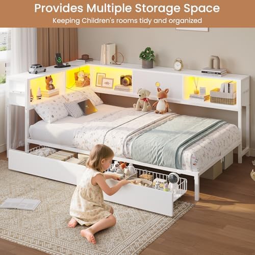 corner twin bed frame with storage bookcase,2 drawers, package contents