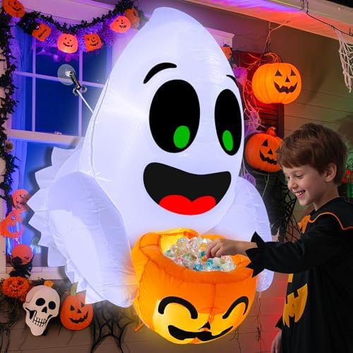 3.5 Ft Halloween Inflatables Ghost Outdoor Decorations Blow Up Cute Ghost with Candy Bucket Broke Out from Window with Built-in LEDs for Halloween Trick or Treat Party Lawn Door Holiday Indoor Decor