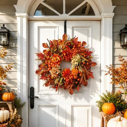 Autumn Harvest Wreath for Front Door 26 Inch, Fall Decor with Orange Dahlias Maple Leaves Berries Hydrangeas, Thanksgiving Halloween Wreaths for Front Door Grapevine Twig