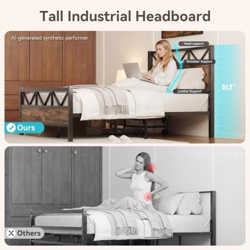 immerstable queen bed frame, 51.2" tall industrial headboard, close-up detail