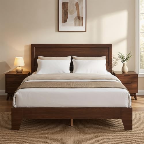 komfott queen size bed frame, mid-century modern platform, side view