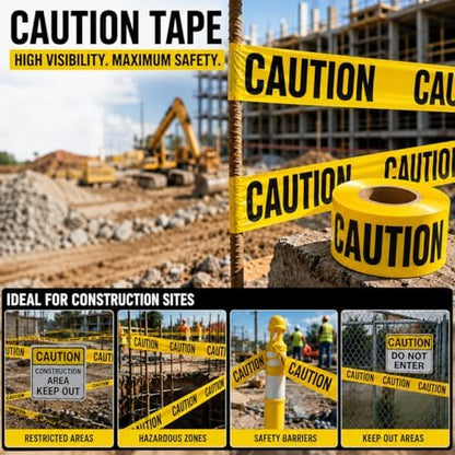 ATERET Premium Yellow Caution Tape 12-Pack 3 inch x 1000 feet, Hazard Safety Tape, Construction Tape for Danger/Hazardous Area, Ideal Use for Halloween Decorations, Party, Work-Site