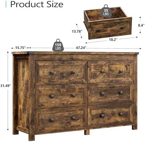 xixini 47.2" wide 6-drawer farmhouse dresser for bedroom, close-up detail