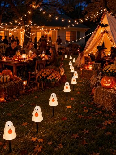 10.5FT Halloween Ghost Pathway Lights, 5 PK Plug in LED Ghost Stake Lights