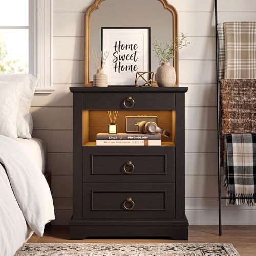 hostack black led nightstand with charging station, 3 showing dimensions