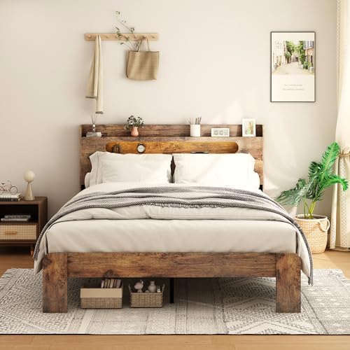 wooden queen bed frame with storage headboard, farmhouse, main product view