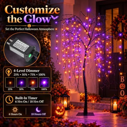 7 FT Halloween Lighted Willow Tree 256 LED Orange and Purple Lights Artificial Weeping Willow Tree with 6 Spiders Outdoor Indoor Decoration Christmas Festival Party Home Decor