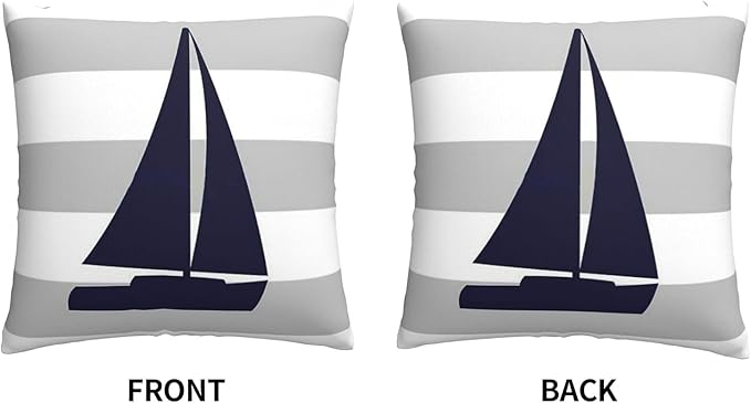Myshe Square Nautical Navy Blue Sailboat On Silver Gray Stripes Throw Pillow - Image 3