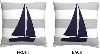 Myshe Square Nautical Navy Blue Sailboat On Silver Gray Stripes Throw Pillow - Image 3