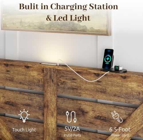 king farmhouse bed frame with headboard, led lights showing dimensions