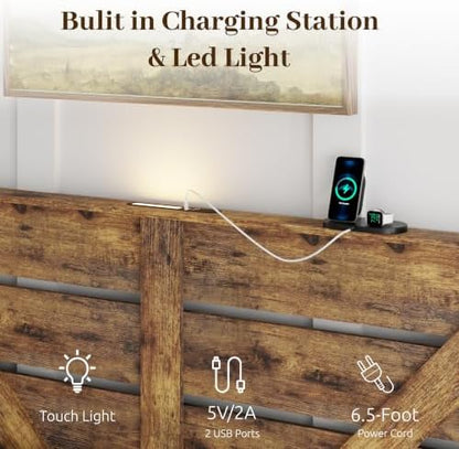 king farmhouse bed frame with headboard, led lights showing dimensions