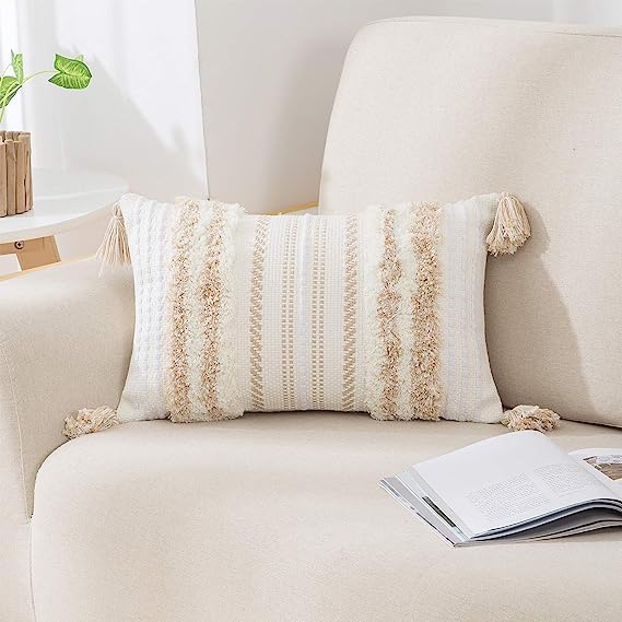 decorUhome Decorative Boho Throw Pillow Cover 12x20, Lumbar Accent Neutral by decorUhome