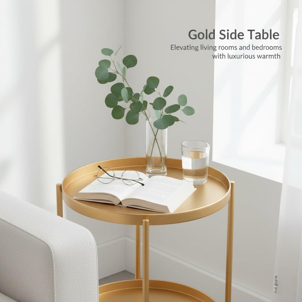 TeoKJ 2 Tier Gold Side Table, Folding Round Metal End Table Small Nightstand ...