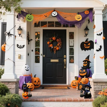 Halloween Black Cat Decor Solar Cat Garden Statues Sit On Pumpkin with LED Lantern Halloween Fall Outdoor Decorations for Porch Patio Yard Lawn Holiday Gardening Gifts for Women