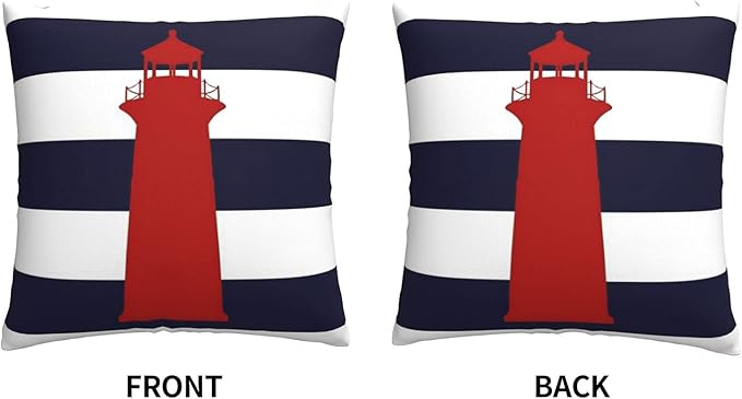 Myshe Square Nautical Red Lighthouse On Navy Blue Stripes Throw Pillow Cover - Image 3