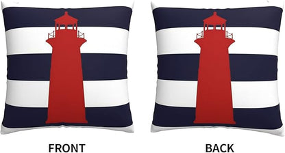 Myshe Square Nautical Red Lighthouse On Navy Blue Stripes Throw Pillow Cover - Image 3