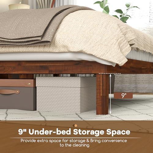 komfott full size wood bed frame with headboard, front angle view