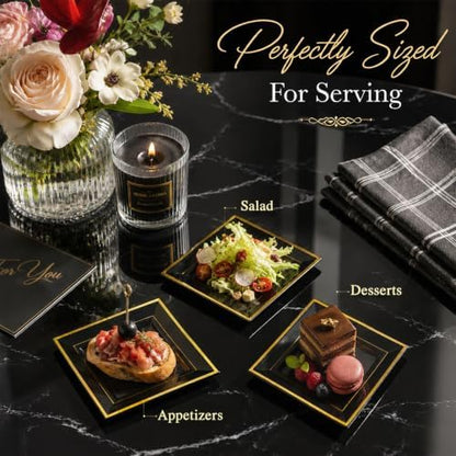 WDF 200PCS Black and Gold Plastic Dessert Plates for Halloween Parties