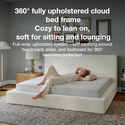 novilla queen size bed frame, plush cloudsoft bed showing dimensions