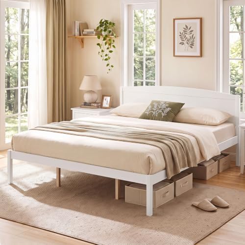 giantex king size wooden bed frame with curved, front angle view