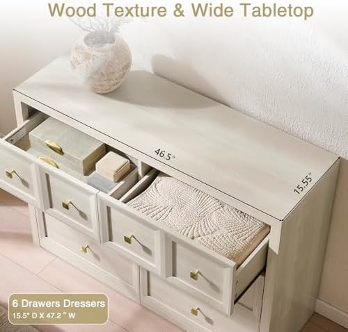 6 drawers dresser for bedroom-46.5" wide wooden chest showing dimensions