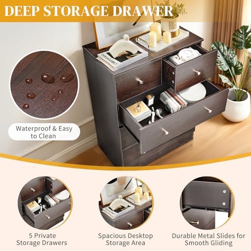 karl home brown 5 drawer tall dresser,rustic wood, close-up detail