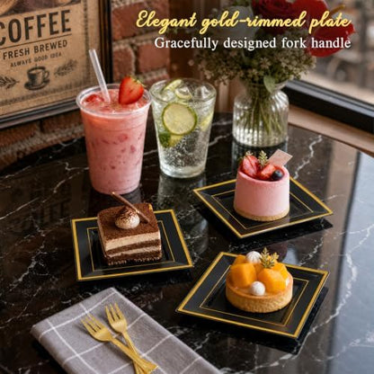 WDF 200PCS Black and Gold Plastic Dessert Plates for Halloween Parties