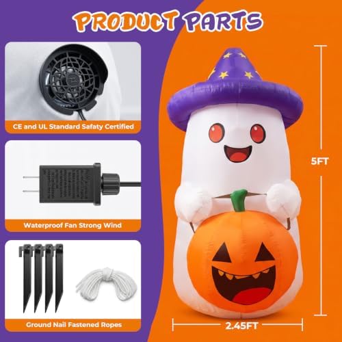 5 FT Halloween Inflatables Decor, Cute Inflatable Ghost with Pumpkin, Built-in 2 LEDs for Halloween Garden, Patios & Indoor Parties Party Decoration