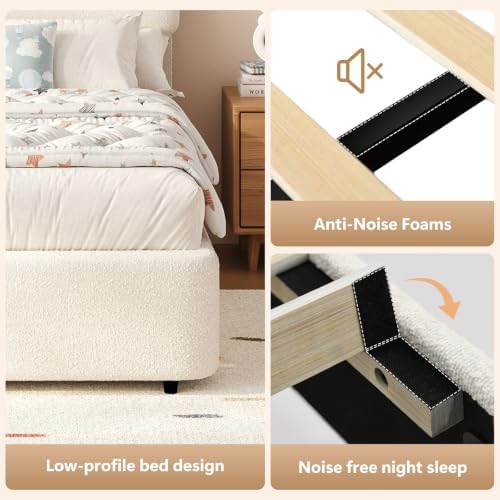 hombck queen bed frame,white boucle upholstered platform bed, package contents