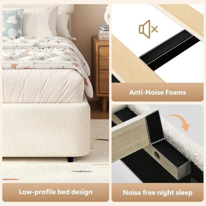 hombck queen bed frame,white boucle upholstered platform bed, package contents