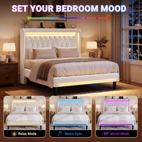 allewie full size upholstered bed frame with led, side view
