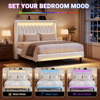 allewie full size upholstered bed frame with led, side view