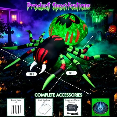 11FT Halloween Inflatables Spider Outdoor Decorations for Yard, Giant Blow up Green Spider with Rotating Fire Flame Light, Large Spooky Spider for Halloween Party Garden Lawn House Holiday Decor