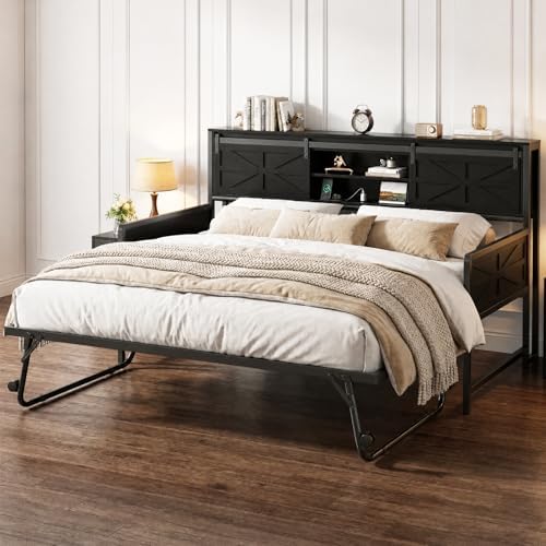 homieasy farmhouse twin daybed with pop-up trundle, black, close-up detail